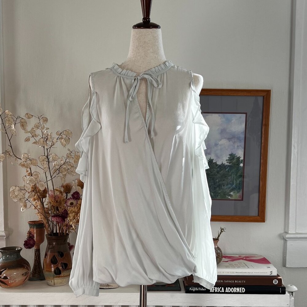 Maeve Pale Blue Ruffle Sleeveless Blouse | Tie Neck Draped Top | Size S